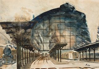 Max Kuehne, Am./Ger. 1880-1968, Train Station, Watercolor on paper, framed under glass