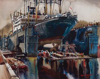 Arthur Beaumont, Am./Br. 1890-1978, The Shipyard, 1958, Watercolor on paper, framed under glass
