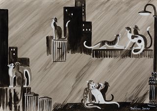 Dahlov Ipcar, Am. 1917-2017, "Cats at Night", Watercolor on paper, framed under glass