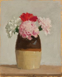 Robert Kulicke, Am. 1924-2007, "Carnations in Earthenware Jar" 1975, Oil on silk laid to panel, framed