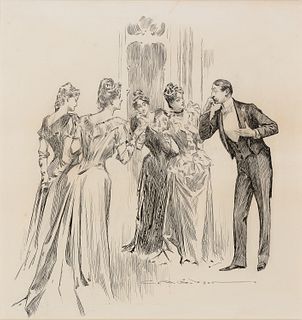Charles Dana Gibson, Am. 1867-1944, At the Party, Ink on paper, framed under glass
