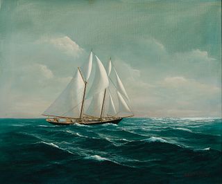 Robert Lee Perry, Am. 1909-1981, "Gloucester Banks Fishing Schooner, Columbia", Oil on canvas, framed
