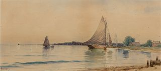 Alfred Thompson Bricher, Am. 1837-1908, Shoreline Boats, Watercolor on paper, framed under glass