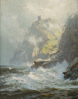 William Trost Richards, Am. 1833-1905, Waves Crashing, Oil on canvas, framed
