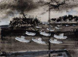 William Thon, Am. 1906-2000, "The Moorings", Mixed media on paper, framed under glass