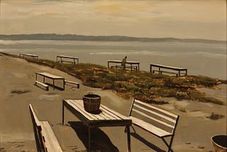 Stephen Etnier, Am. 1903-1984, Picnic Tables - Harpswell, 1969, Oil on panel, framed