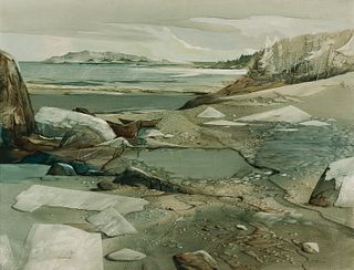 Laurence Philip Sisson, Am. 1928-2015, Boats on Frozen Shore, Oil on masonite, framed