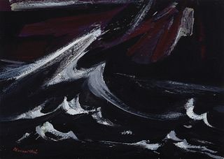 Alex Minewski, Am. 1917-1979, "Black Sea with Wave", Casein on paper, framed under glass