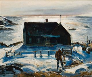 Andrew Winter, Am. 1893-1958, "Winter Chores" Monhegan, Maine, Oil on board, framed