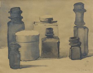 Hank Virgona, Am. 1929-2019, Blue Bottles, 1979, Watercolor on paper, framed under glass