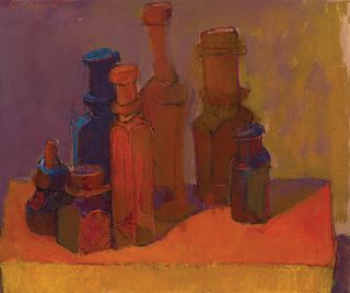 Hank Virgona, Am. 1929-2019, Colorful Bottles and Jars, Watercolor and pastel on paper, framed under glass
