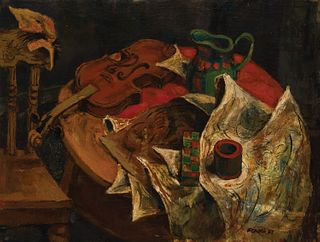 John Paulus Semple, Am. 1930-2015, Still Life with Violin and Pitcher, 1954, Oil on panel, framed