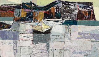 Edward Betts, Am. 1920-2008, Abstract Harbor, Casein on panel, framed