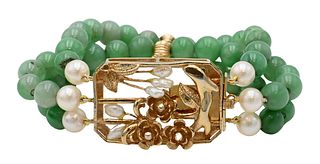 Jadeite Bead and Pearl Gold Tone Bracelet
