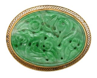 Pierced Jadeite and Gold Oval Shaped Brooch