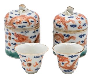 Famille Rose Porcelain Dragon Cup and Warmer Set