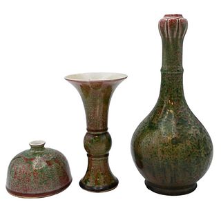 Three Chinese Green and Red on White Glazed Porcelain Pieces