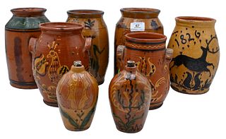 Eight Greg Shooner Redware Pottery Pieces