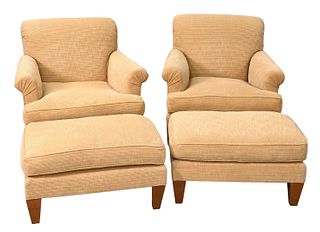 Pair of Custom Upholstered Chairs and Ottomans