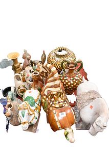 Group of Pottery Tarq Style Glazed And Unglazed Horses, Two Brown, Green And White Glazed Vases, Pottery Figures