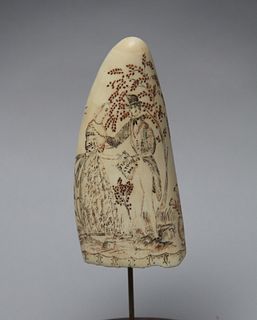 American Scrimshaw and Polychrome Antique Sperm Whale Tooth, mid 19th Century