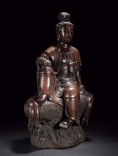 A Bronze with Silver Inlaid Seated Guanyin Statue