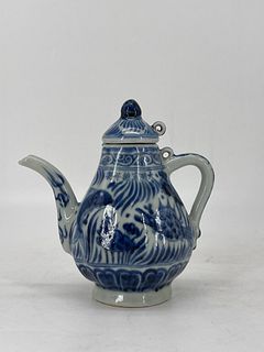 Ming style, Blue and white carp and algae tea pot