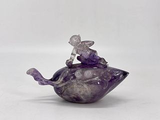 Carved purple crystal quartz peach and boy pot and cover