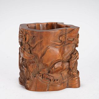 Carved boxwood 'LANDSCAPE' brushpot