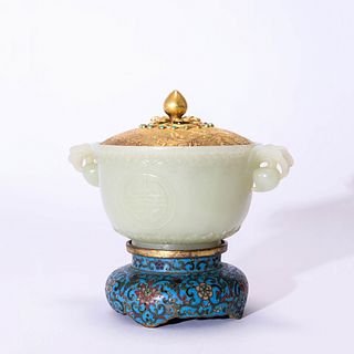 Carved Chinese White Jade Longevity Square Bowl and Cover