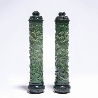 Pair of Spinach-Green Jade Landscape Parfumiers