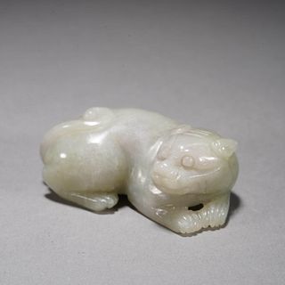 Carved white jade 'LUCKY' beast ornament