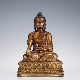 Bronze gilt worship Shakyamuni sitting sculpture(scathed)