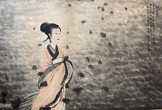 Chinese lady painting paper scroll