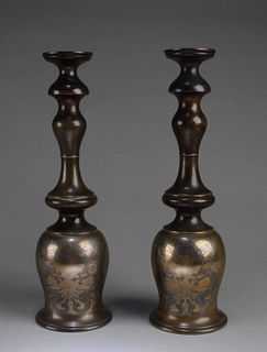 19th C, A Pair of Bronze with Gold & Silver Inlay Candle Holders