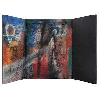 CARLOS TORRES, Tryptique # 78, Firmada y fechada 1989 al reverso, Mixta sobre madera, tríptico, 65 x 100 cm