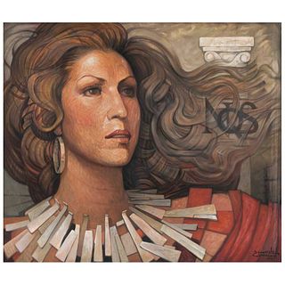 JORGE GONZÁLEZ CAMARENA, Retrato de la Sra. Nelly Quezada, Firmado y fechado 1975, Óleo sobre tela, 100 x 116 cm