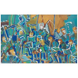 RAY HERRERA - LEGUIZAMO, Concierto de orquesta II, Firmado y fechado 1987, Óleo sobre cartón, 83 x 130 cm