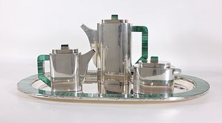 Italian Art Deco 800 Silver & Malachite Coffee Set