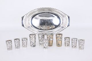Mexican Silver Overlay Cordials w/ Tray