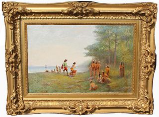 Antique Painting of Pilgrims and Indians