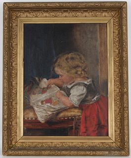 19th C. Painting of Girl W/ Coloring Book