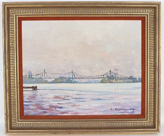 Mid-Century Painting of NY Bridge, Signed