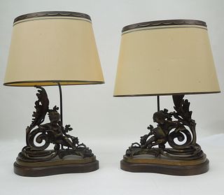 Pair of Louis XVI Style Bronze Andiron Table Lamps.