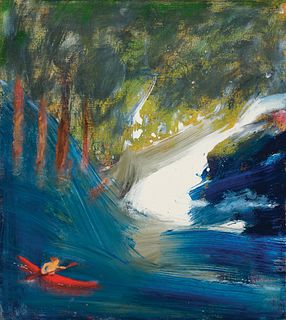 Katherine Bradford, Am. b. 1942, "Kayaker" 2009, Oil on canvas, framed
