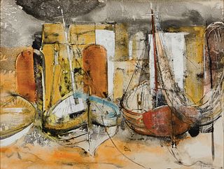 William Thon, Am. 1906-2000, "Island Shore", Mixed media on paper, framed under glass