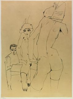 Egon Schiele (After) - Schiele Drawing a nude Model before a Mirror