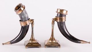Mounted Bull's Horns in Silverplated Stands, Pair