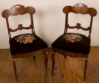 Mahogany Side Chairs w/ Embroidered Seats, Pair