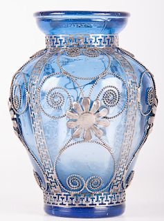 Blown Molded Blue Vase w/ Plated Embellishment